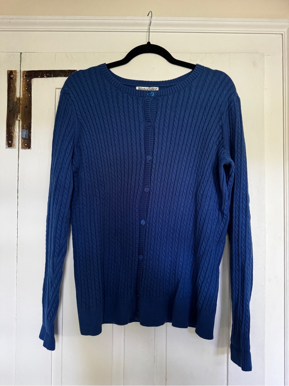 WinterSilks Blue Cable Knit Cardigan Cotton Silk Blend Size L